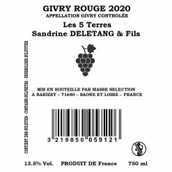 Vente flash ???? Sandrine Deletang & Fils Les Cinq Terres, 2020 - Givry AOP - Rouge - 75 cl ???? -Vins Rouges Soldes 3219850059121 2