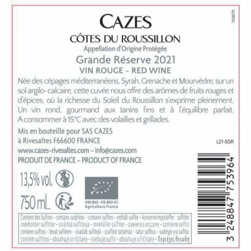 Meilleure vente ???? Cazes Grande Réserve BIO, 2021 - Côtes-du-Roussillon AOP - Rouge - 75 cl ⭐ 4 Meilleure vente ???? Cazes Grande Réserve BIO, 2021 - Côtes-du-Roussillon AOP - Rouge - 75 cl ⭐ – Image 2