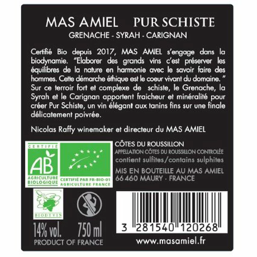 Grosses soldes ???? Mas Amiel Pur Schiste BIO, 2020 - Côtes-du-Roussillon AOP - Rouge - 75 cl - étiquette abîmée ???? 4 Grosses soldes ???? Mas Amiel Pur Schiste BIO, 2020 - Côtes-du-Roussillon AOP - Rouge - 75 cl - étiquette abîmée ???? – Image 2
