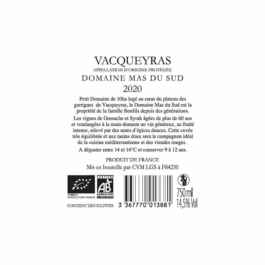 Top 10 ???? Domaine Mas du Sud BIO, 2020 - Vacqueyras AOP - Rouge - 75 cl ✨ 4 Top 10 ???? Domaine Mas du Sud BIO, 2020 - Vacqueyras AOP - Rouge - 75 cl ✨ – Image 2