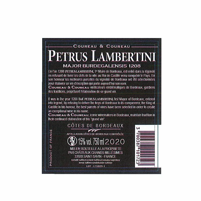 Sortie ❤️ Petrus Lambertini Major Burdegalensis 1208, 2020 - Côtes de Bordeaux AOP - Rouge - 75 cl ❤️ 4 Sortie ❤️ Petrus Lambertini Major Burdegalensis 1208, 2020 - Côtes de Bordeaux AOP - Rouge - 75 cl ❤️ – Image 2