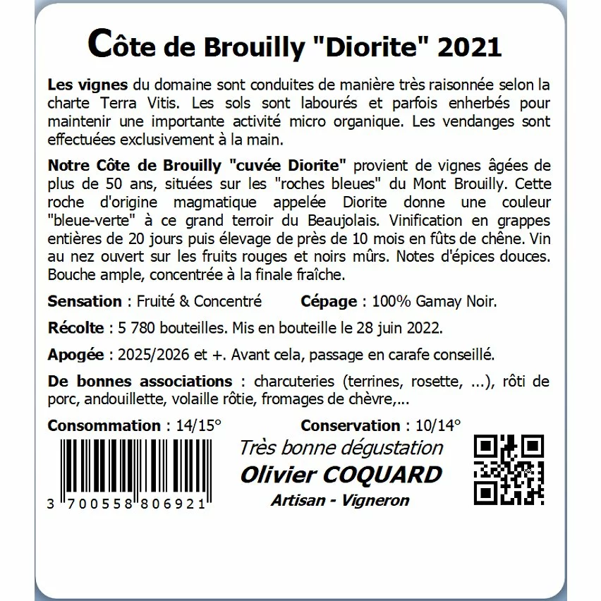 Tout neuf ???? Olivier Coquard Diorite, 2021 - Côte de Brouilly AOP - Rouge - 75 cl ???? 4 Tout neuf ???? Olivier Coquard Diorite, 2021 - Côte de Brouilly AOP - Rouge - 75 cl ???? – Image 2