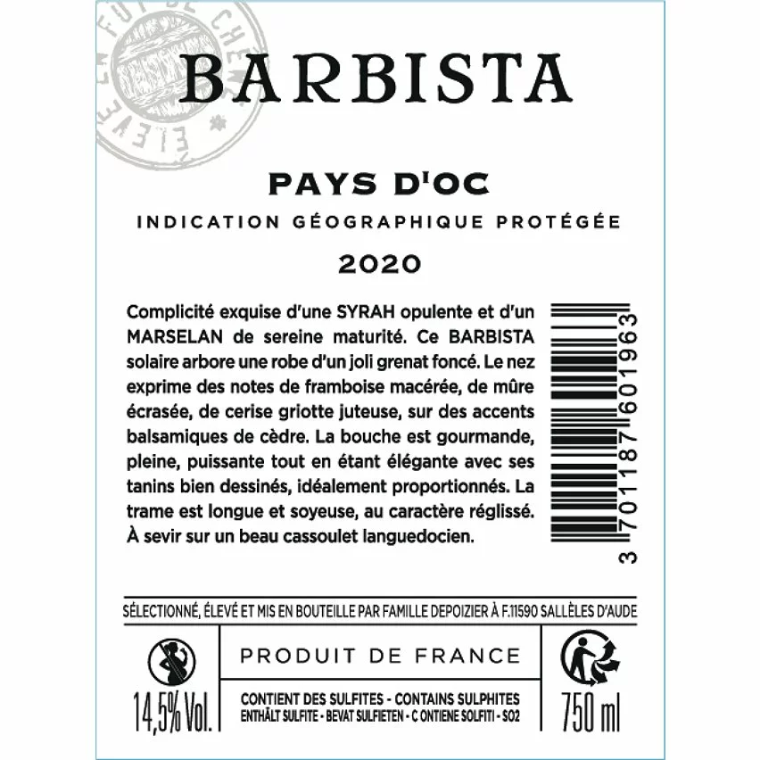 Remise ❤️ "Barbista" Famille Depoizier, 2020 - Pays d'Oc IGP - Rouge - 75 cl ❤️ 4 Remise ❤️ "Barbista" Famille Depoizier, 2020 - Pays d'Oc IGP - Rouge - 75 cl ❤️ – Image 2