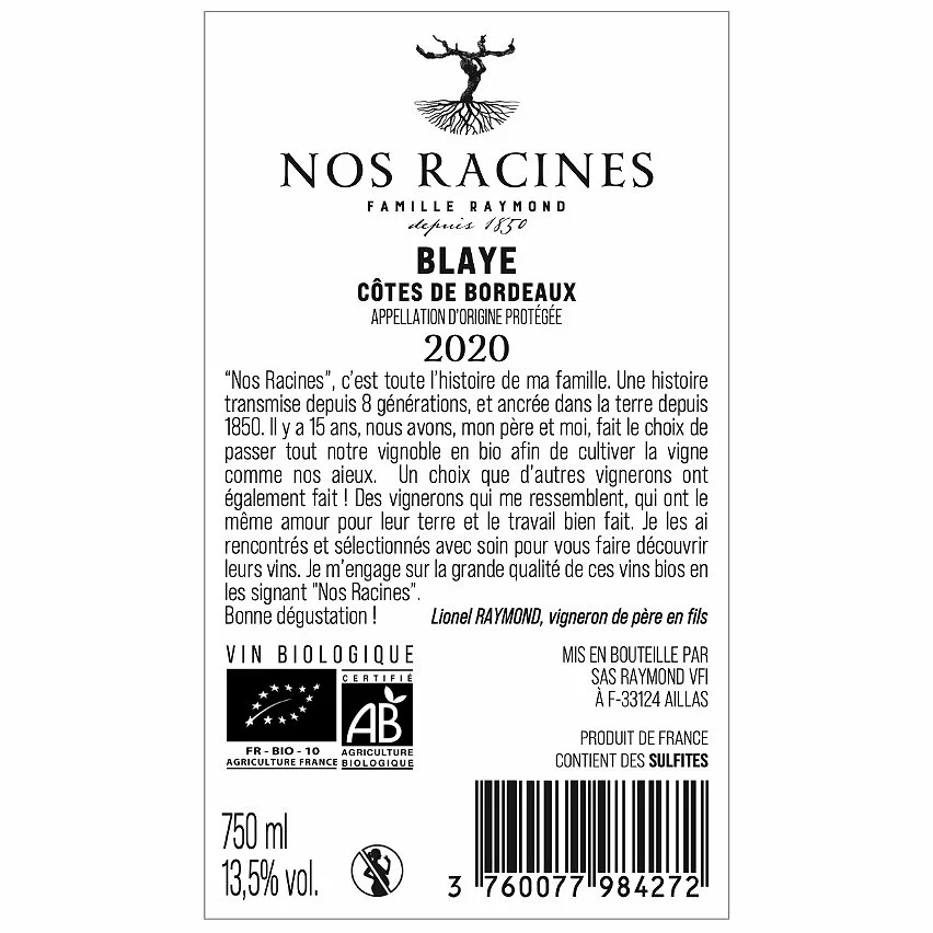 De gros ⌛ Famille Raymond Nos Racines BIO, 2020 - Côtes de Blaye AOP - Rouge - 75 cl ⭐ 4 De gros ⌛ Famille Raymond Nos Racines BIO, 2020 - Côtes de Blaye AOP - Rouge - 75 cl ⭐ – Image 2