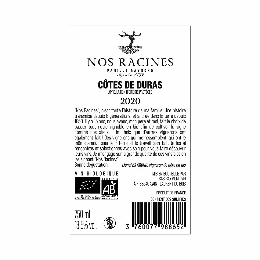 Le moins cher ❤️ Nos Racines BIO, 2020 - Côtes de Duras AOP - Rouge - 75 cl ✔️ 4 Le moins cher ❤️ Nos Racines BIO, 2020 - Côtes de Duras AOP - Rouge - 75 cl ✔️ – Image 2