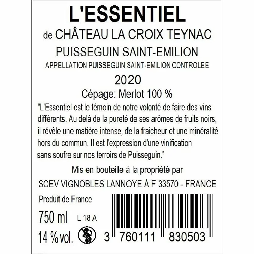 Acheter ???? L'Essentiel de Château La Croix Teynac Sans Sulfites Ajoutés, 2020 - Puisseguin-Saint-Emilion AOP - Rouge - 75 cl ???? 4 Acheter ???? L'Essentiel de Château La Croix Teynac Sans Sulfites Ajoutés, 2020 - Puisseguin-Saint-Emilion AOP - Rouge - 75 cl ???? – Image 2