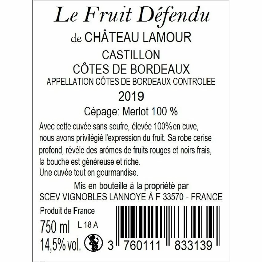 De gros ✨ Le Fruit Défendu du Château Lamour Sans Sulfites Ajoutés, 2019 - Castillon Côtes de Bordeaux AOP - Rouge - 75 cl ❤️ 4 De gros ✨ Le Fruit Défendu du Château Lamour Sans Sulfites Ajoutés, 2019 - Castillon Côtes de Bordeaux AOP - Rouge - 75 cl ❤️ – Image 2