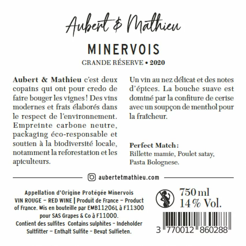 Acheter ❤️ Aubert & Mathieu Grande Réserve, 2020 - Minervois AOP - Rouge - 75 cl ✨ 4 Acheter ❤️ Aubert & Mathieu Grande Réserve, 2020 - Minervois AOP - Rouge - 75 cl ✨ – Image 2